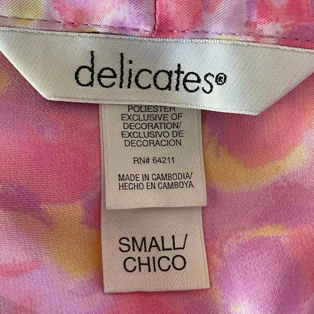 Delicates Pink Yellow Watercolor‎ Floral Short Satin Robe Lace Trim Belted SMALL